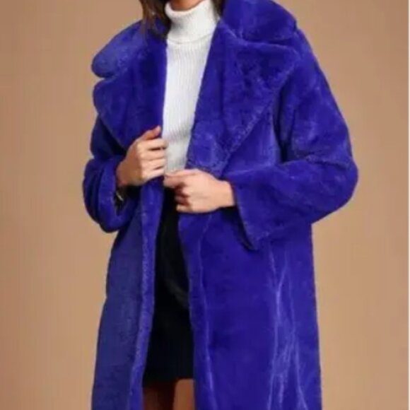 Avec Les Filles Cobalt Royal Blue Oversized Long Faux Fur Coat Size XL - Picture 1 of 9